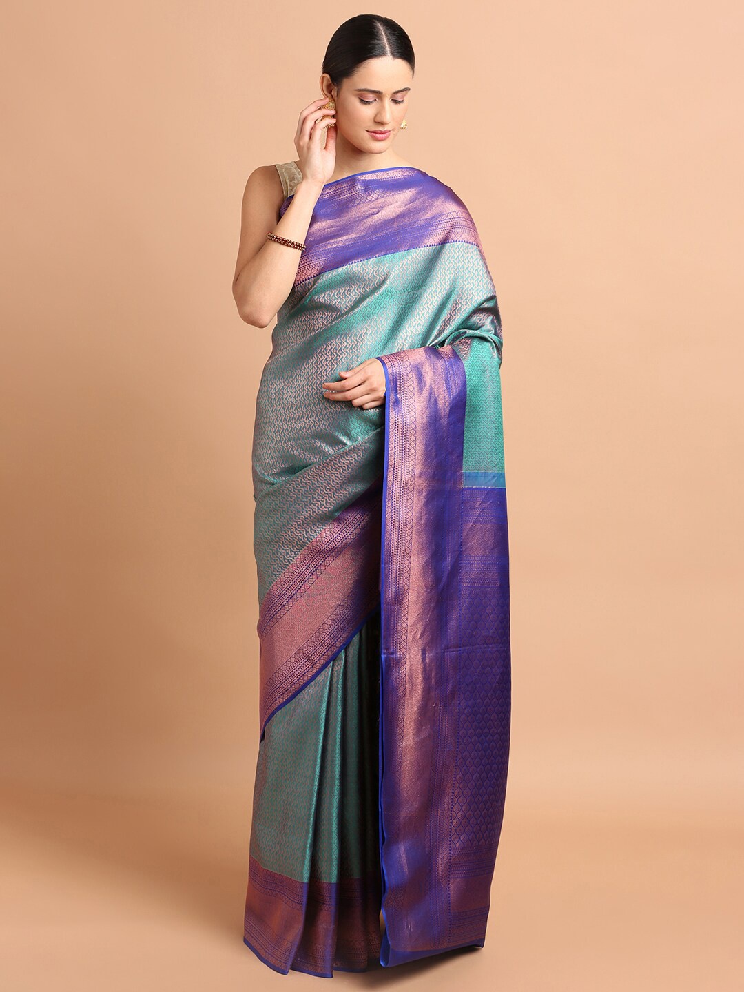 

Kalyan Silks Woven Design Zari Pure Silk Kanjeevaram Saree, Green