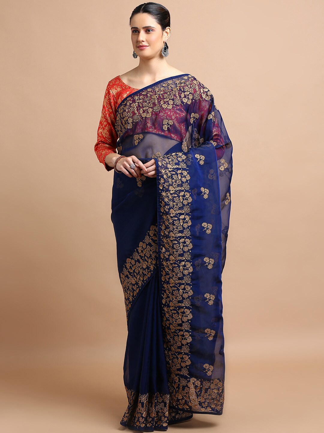 

Kalyan Silks Floral Embroidered Organza Saree, Blue