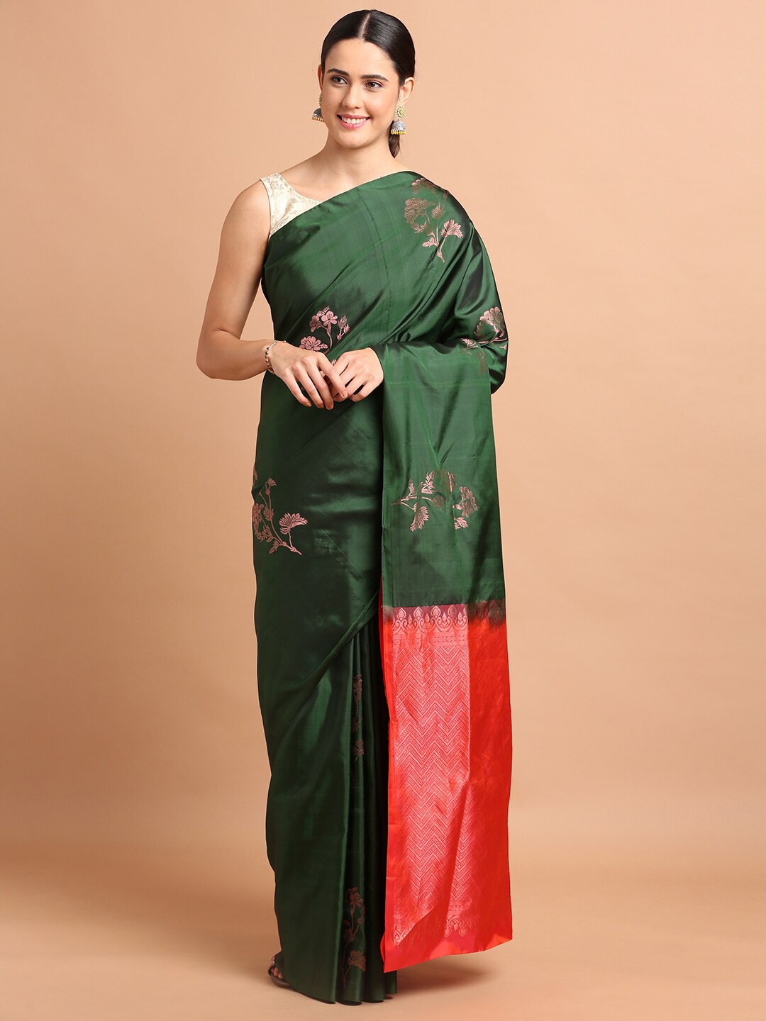 

Kalyan Silks Woven Design Zari Pure Silk Kanjeevaram Saree, Green