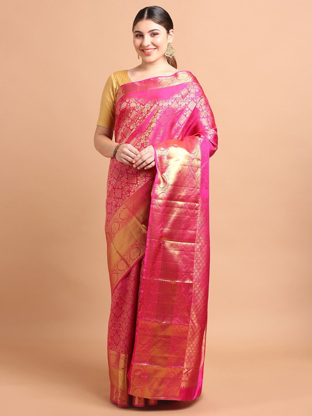 

Kalyan Silks Ethnic Motifs Woven Design Zari Pure Silk Kanjeevaram Saree, Pink