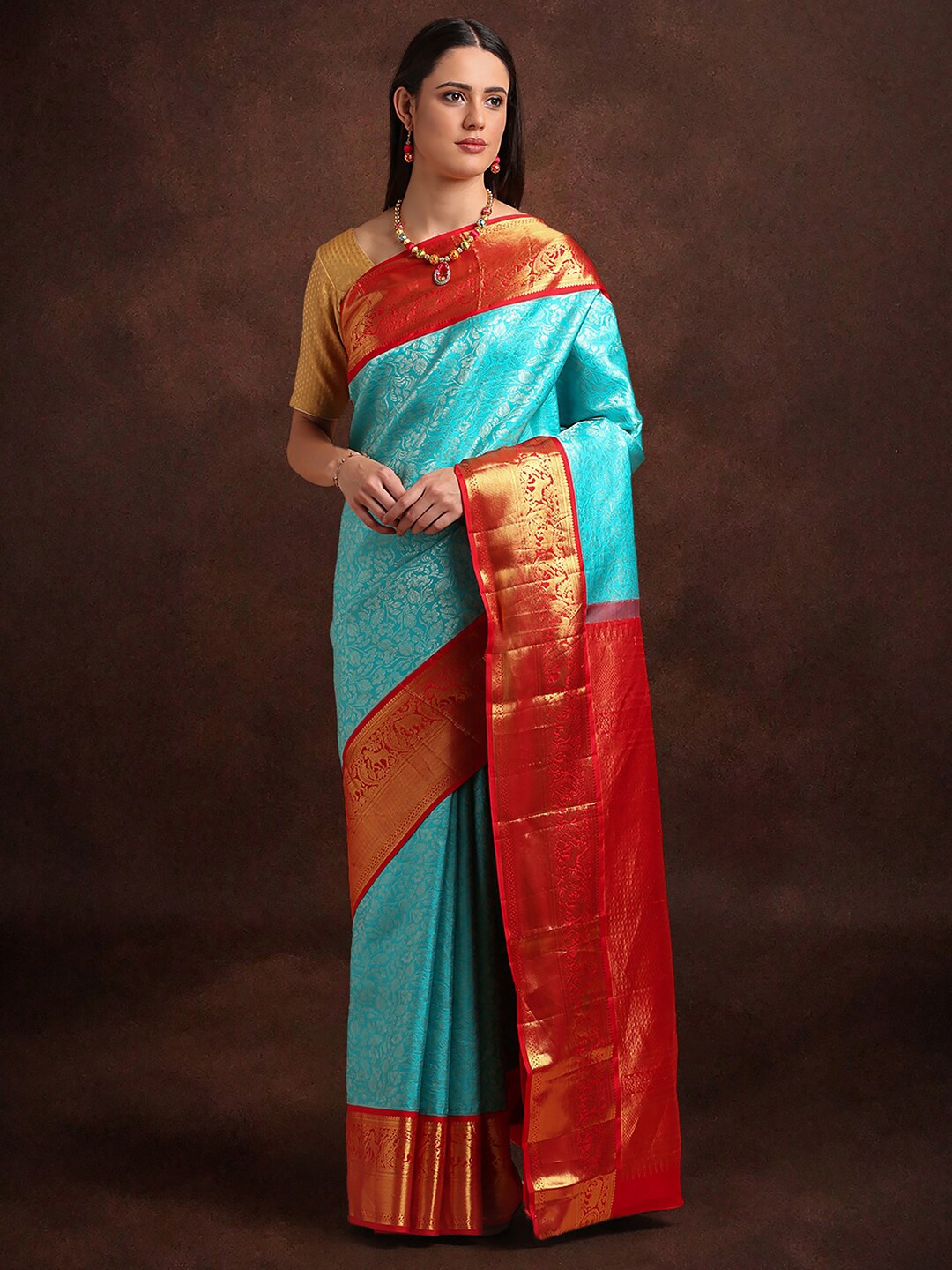 

Kalyan Silks Ethnic Motifs Woven Design Zari Pure Silk Kanjeevaram Saree, Turquoise blue