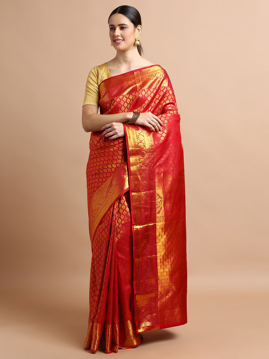 

Kalyan Silks Ethnic Motifs Woven Design Zari Pure Silk Kanjeevaram Saree, Maroon
