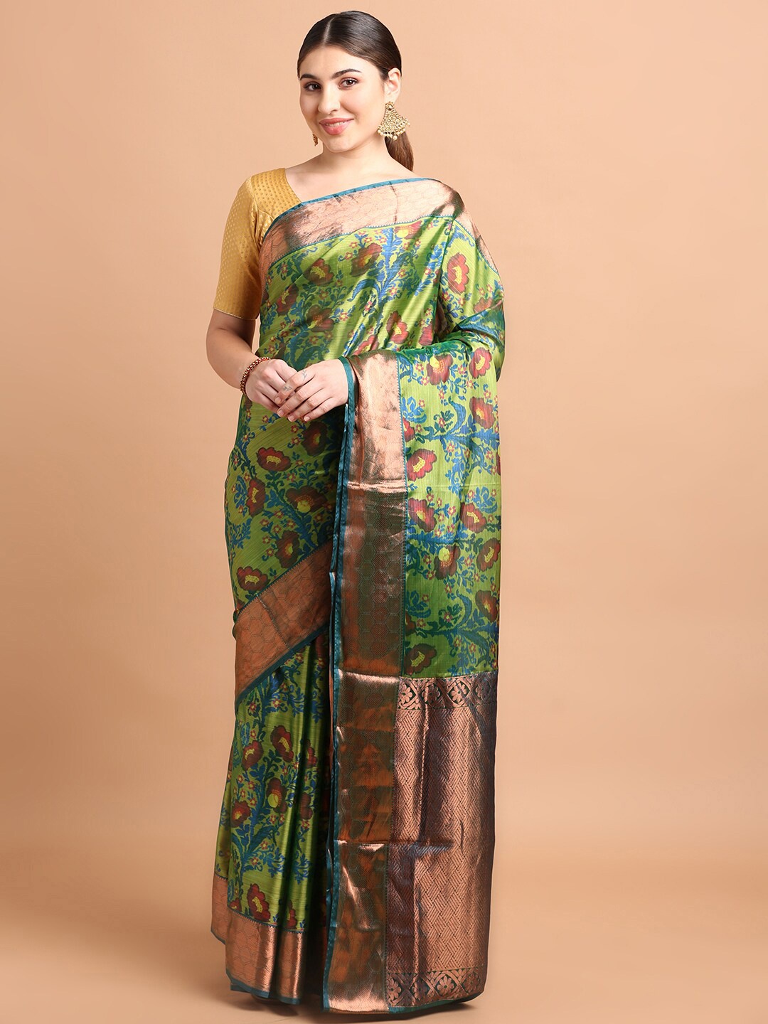 

Kalyan Silks Kalamkari Zari Pure Silk Kanjeevaram Saree, Green