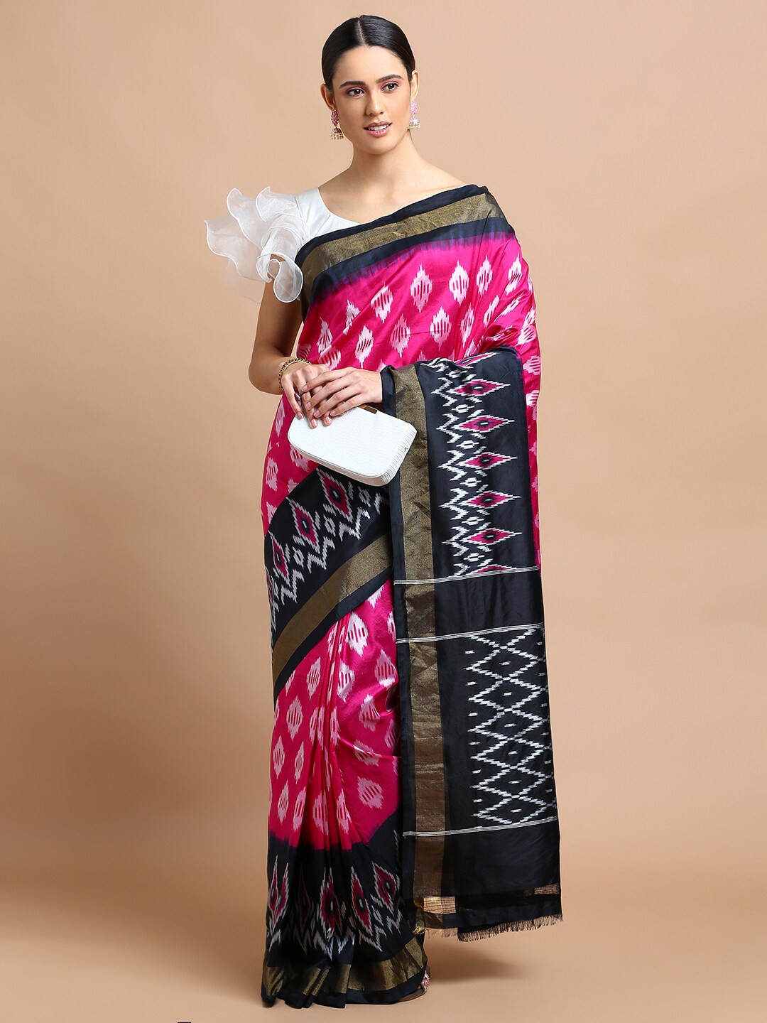 

Kalyan Silks Geometric Zari Pure Silk Kanjeevaram Saree, Pink