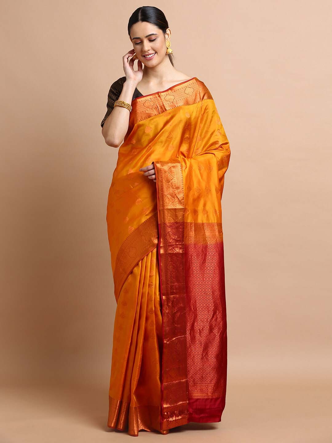 

Kalyan Silks Ethnic Motifs Woven Design Zari Pure Silk Kanjeevaram Saree, Mustard