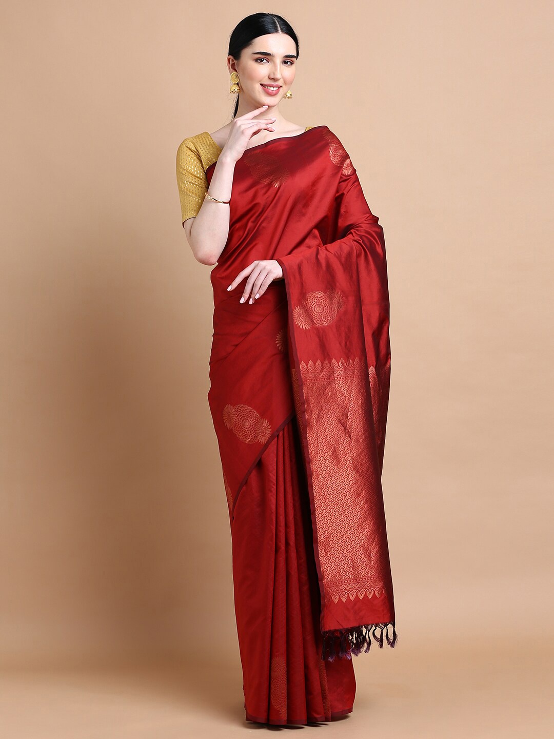 

Kalyan Silks Ethnic Motifs Woven Design Zari Pure Silk Kanjeevaram Saree, Maroon