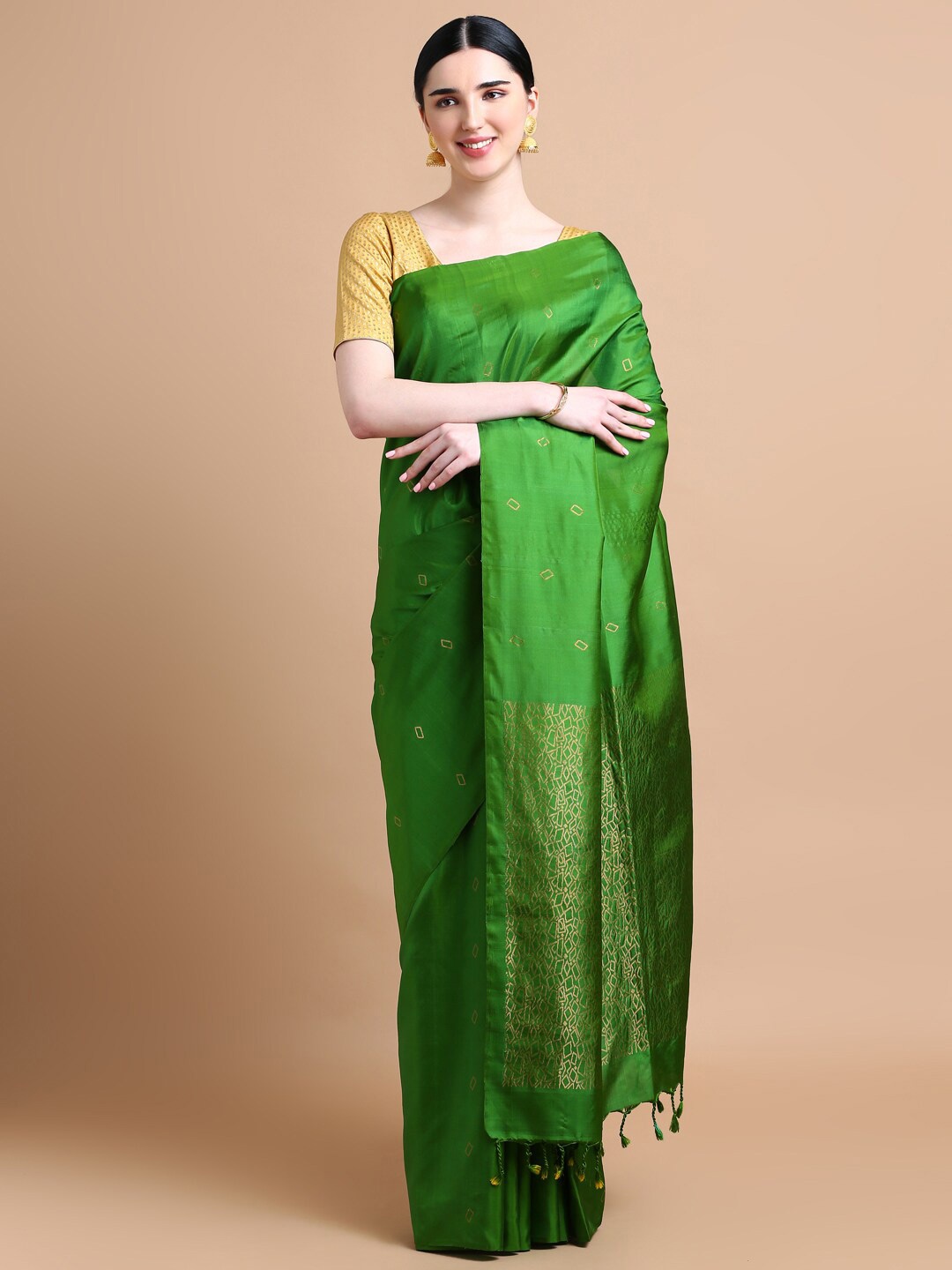 

Kalyan Silks Ethnic Motifs Woven Design Zari Pure Silk Kanjeevaram Saree, Green