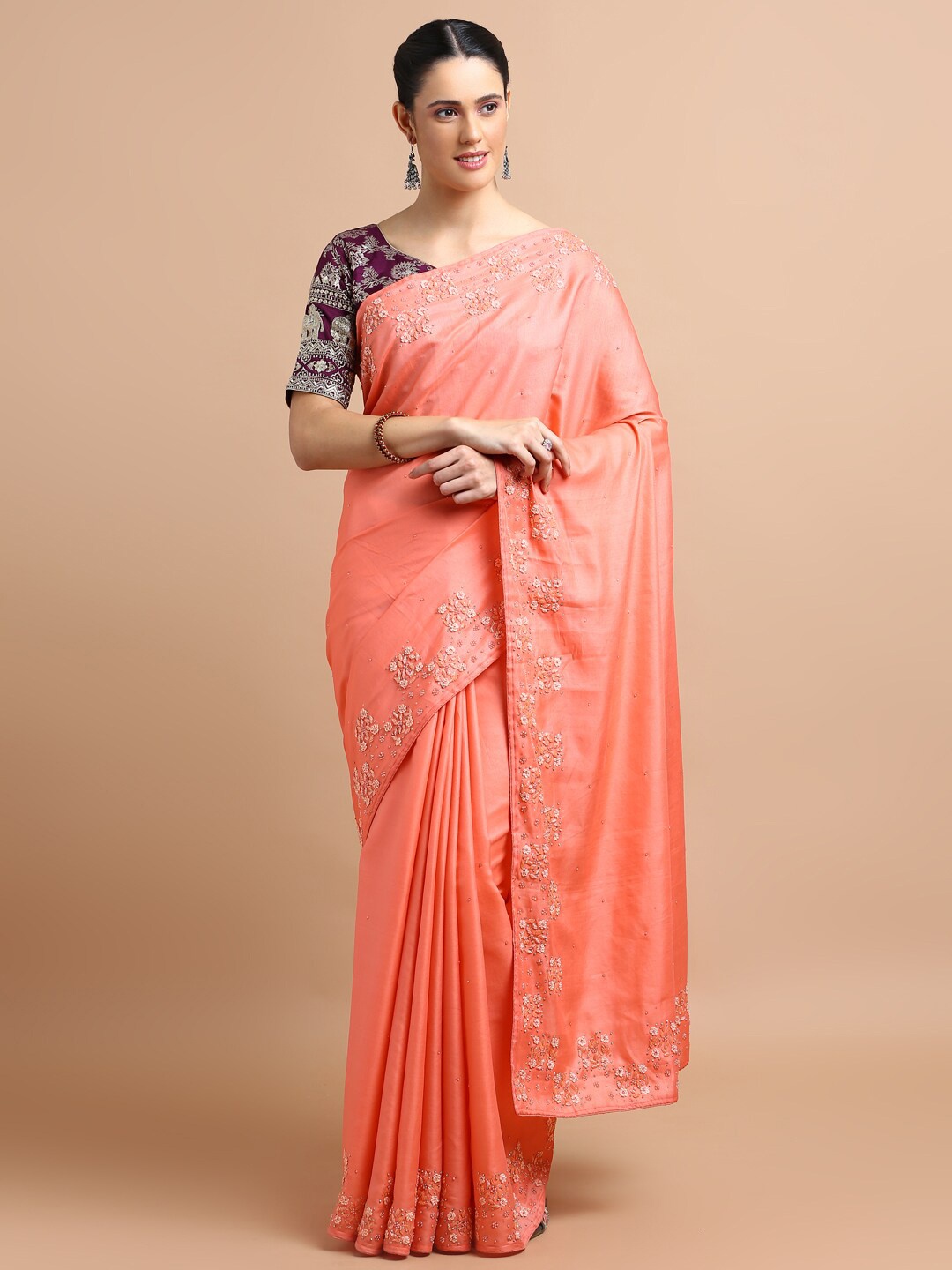 

Kalyan Silks Floral Embellished Beads and Stones Saree, Peach