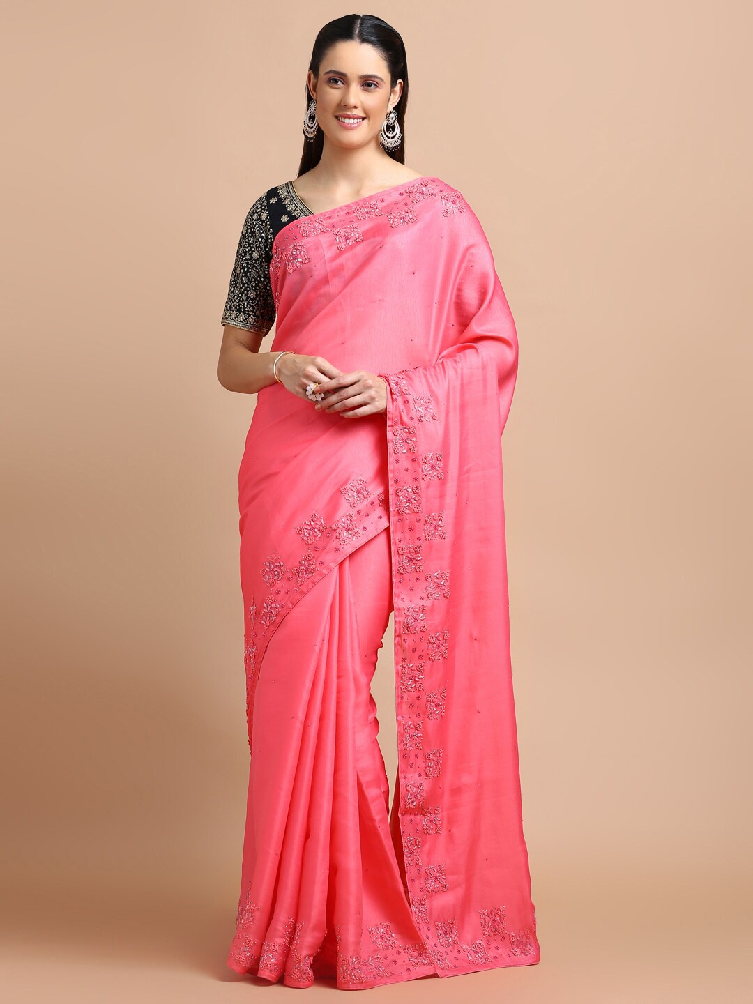 

Kalyan Silks Floral Embellished Beads and Stones Saree, Pink