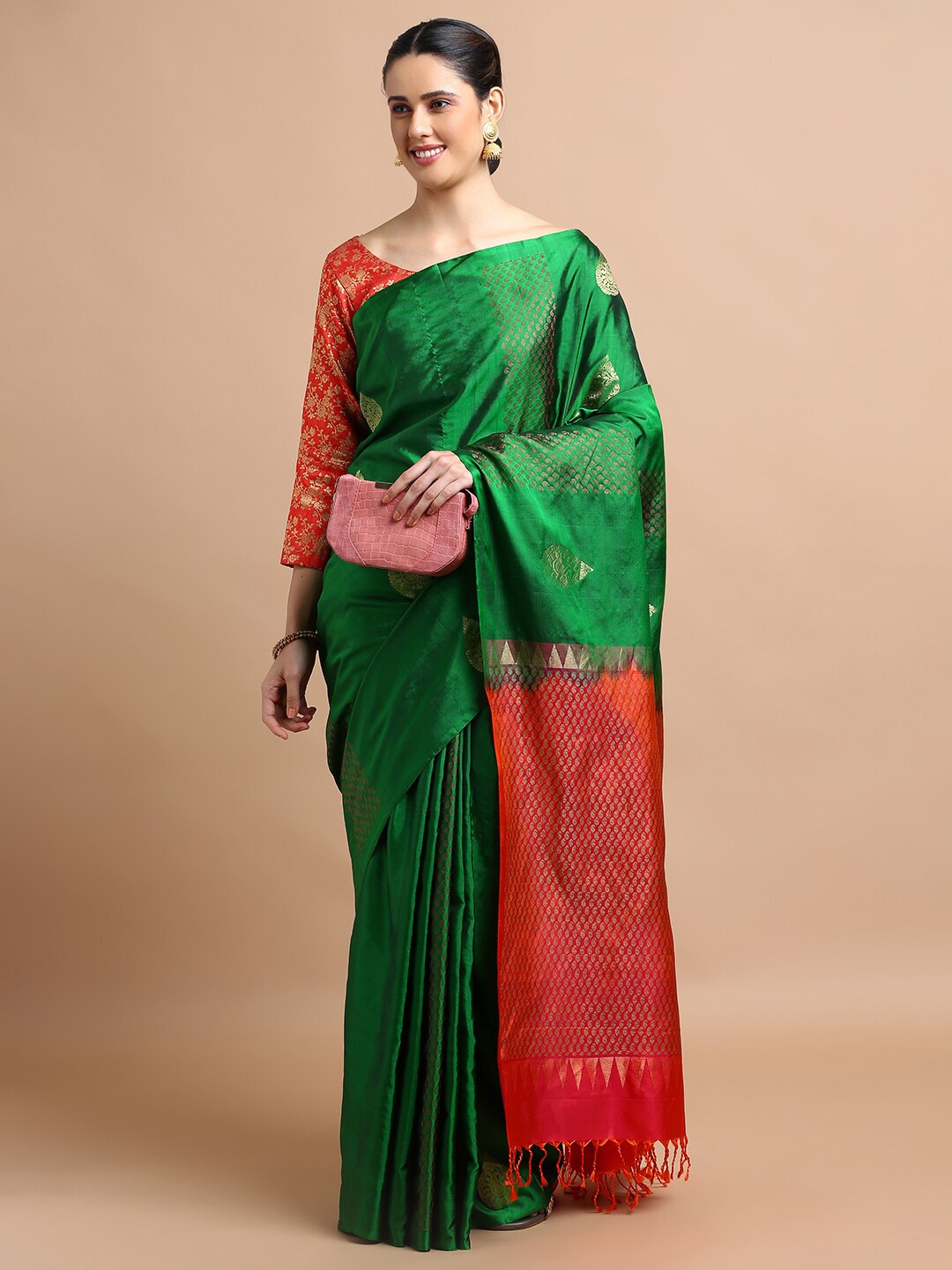 

Kalyan Silks Ethnic Motifs Woven Design Zari Pure Silk Kanjeevaram Saree, Green