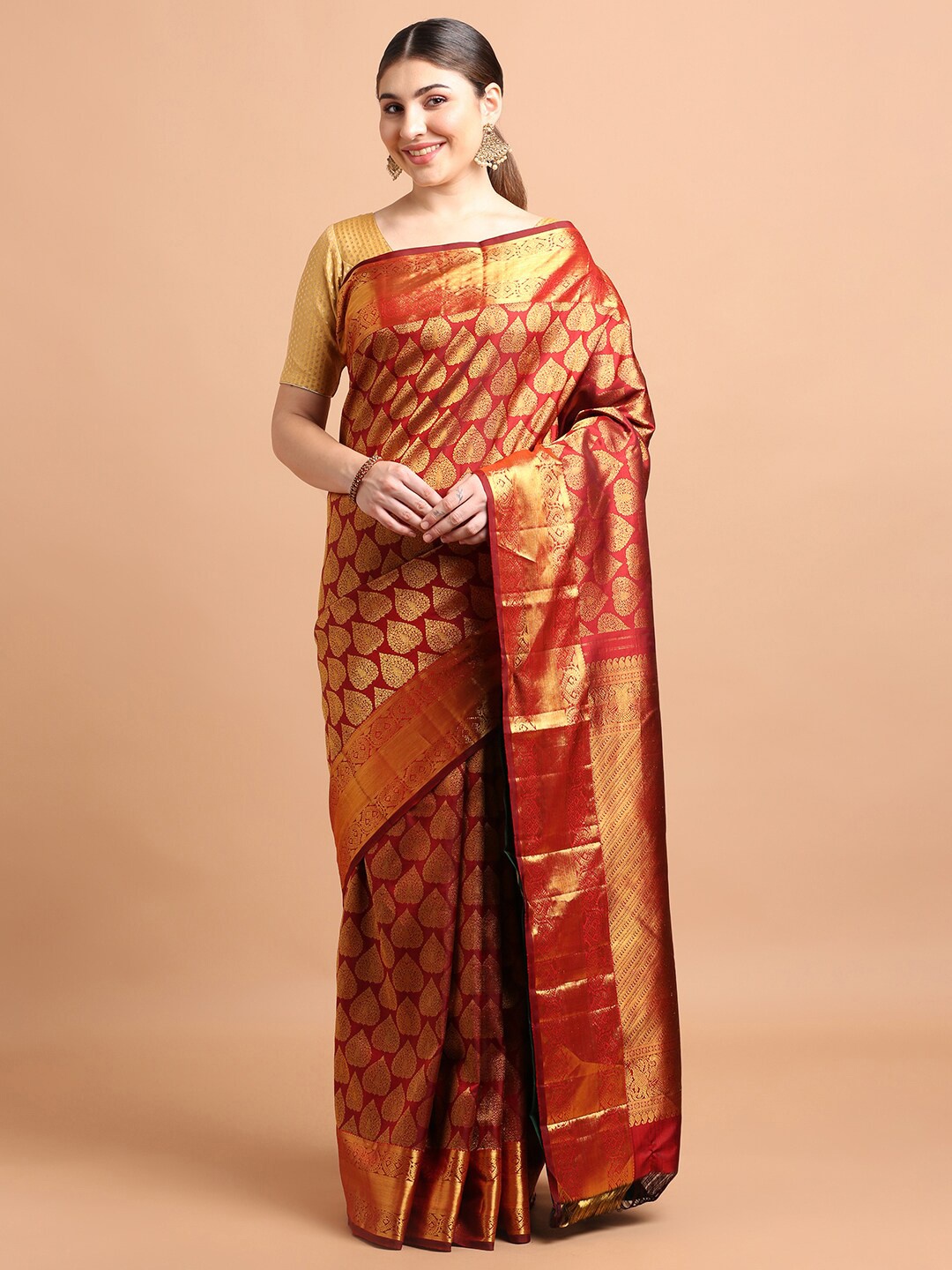 

Kalyan Silks Woven Design Zari Pure Silk Kanjeevaram Saree, Maroon