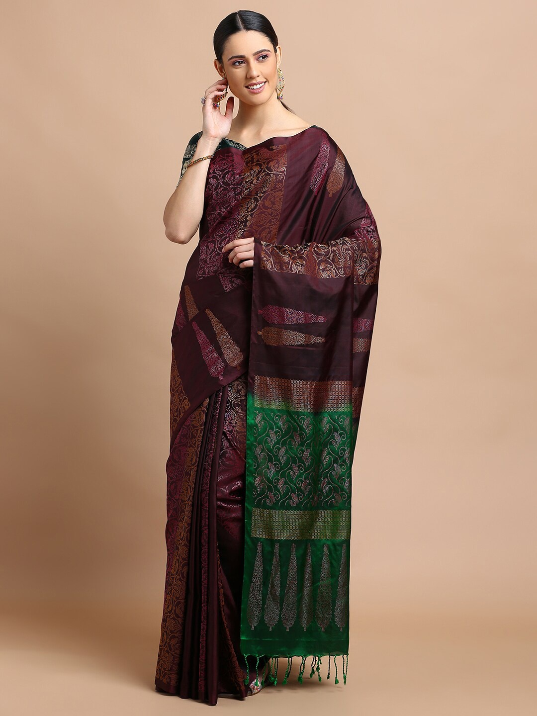 

Kalyan Silks Ethnic Motifs Woven Design Zari Pure Silk Kanjeevaram Saree, Brown