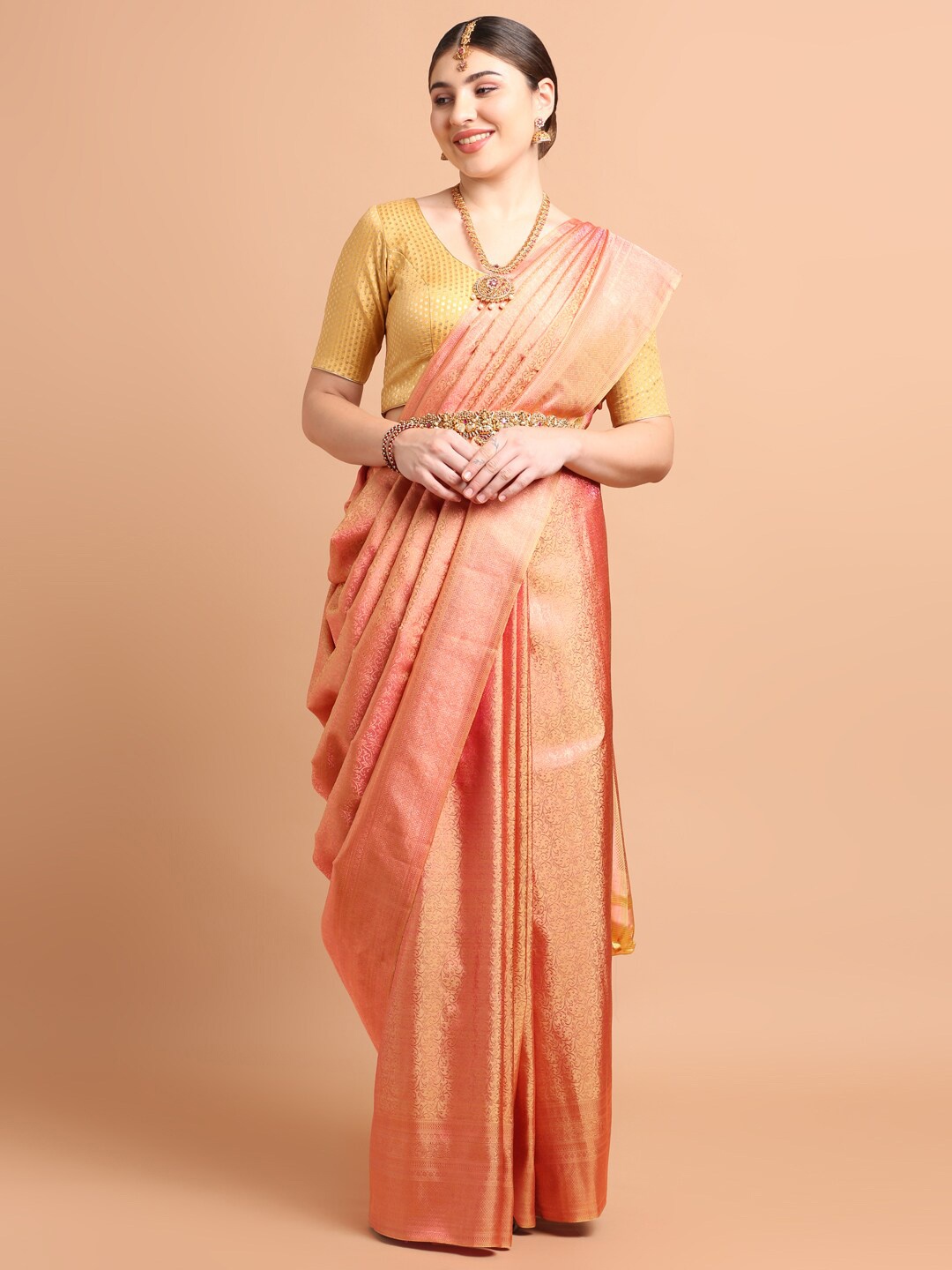 

Kalyan Silks Ethnic Motifs Woven Design Zari Pure Silk Kanjeevaram Saree, Gold