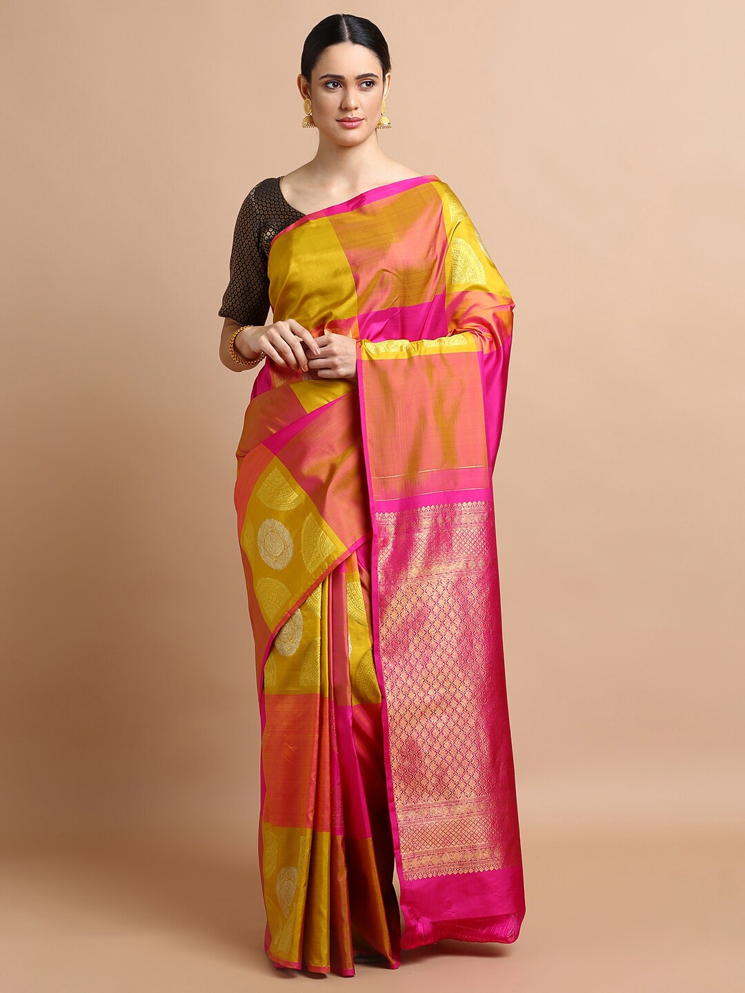 

Kalyan Silks Woven Design Zari Pure Silk Kanjeevaram Saree, Pink