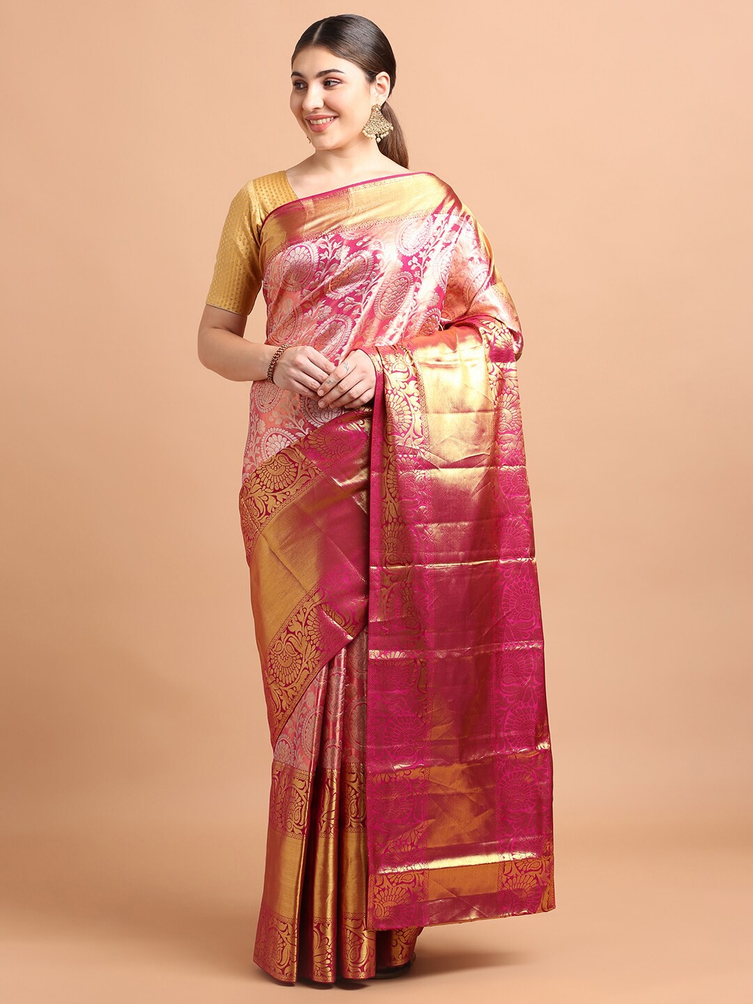 

Kalyan Silks Woven Design Zari Pure Silk Kanjeevaram Saree, Pink