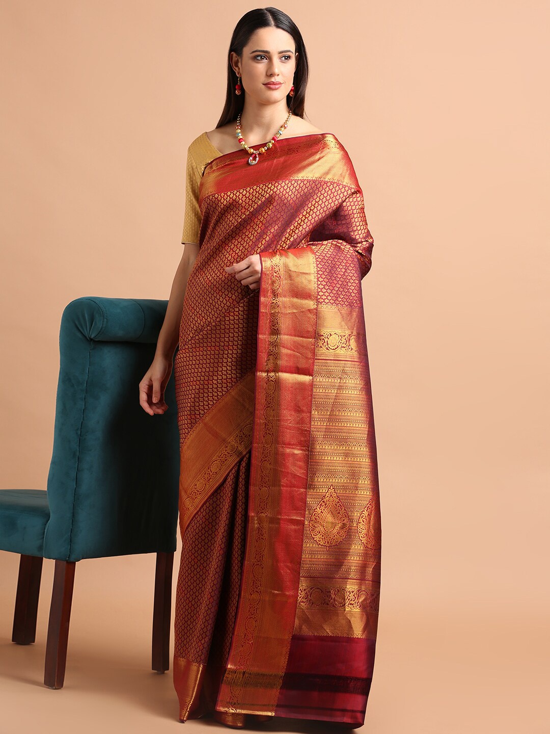 

Kalyan Silks Woven Design Zari Pure Silk Kanjeevaram Saree, Maroon