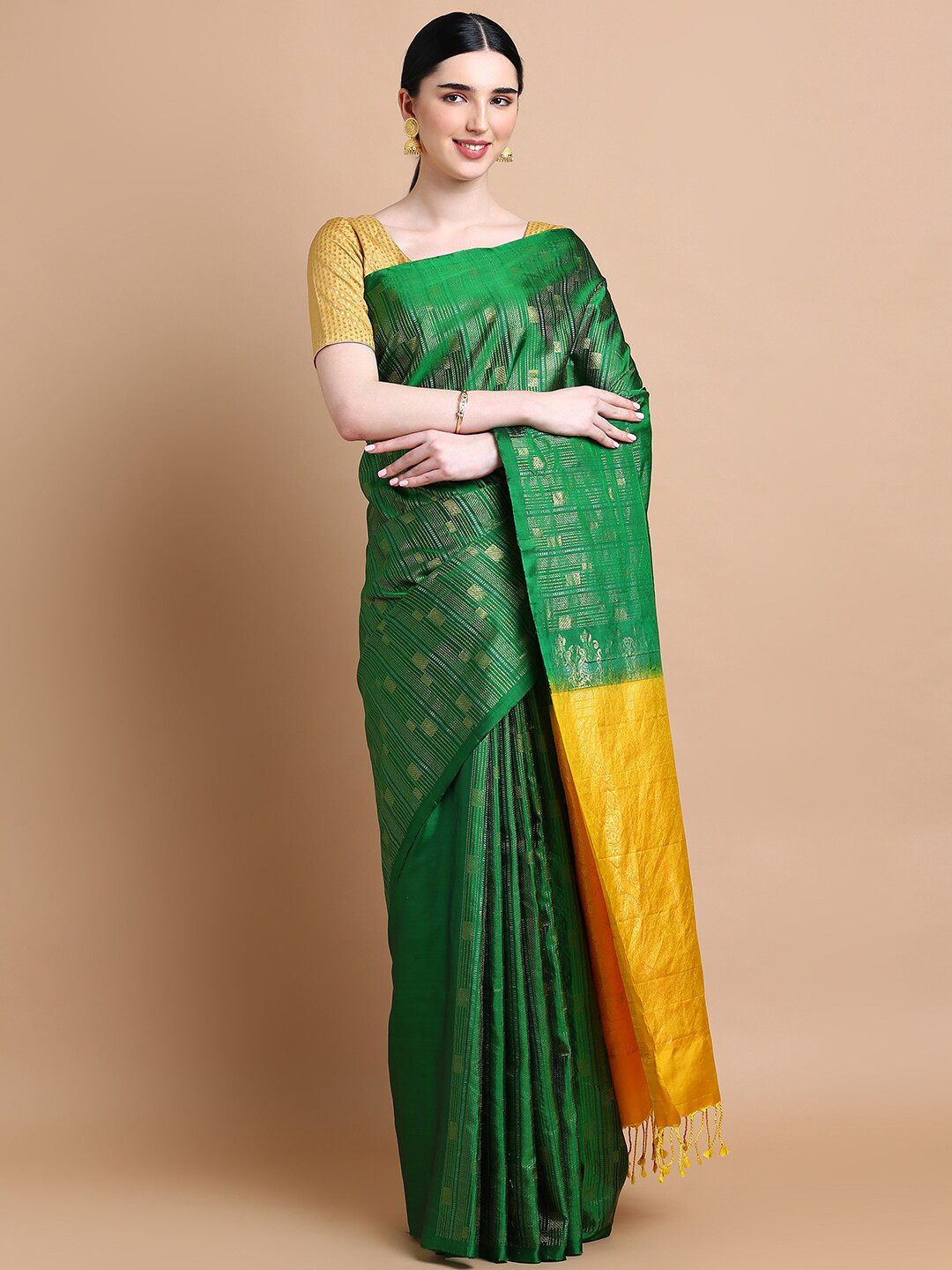 

Kalyan Silks Woven Design Zari Pure Silk Kanjeevaram Saree, Green