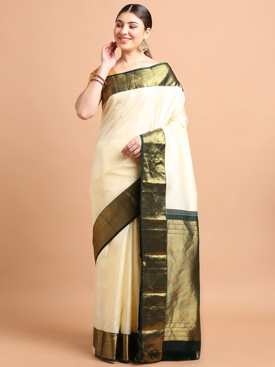 

Kalyan Silks Zari Pure Silk Kanjeevaram Saree, Off white