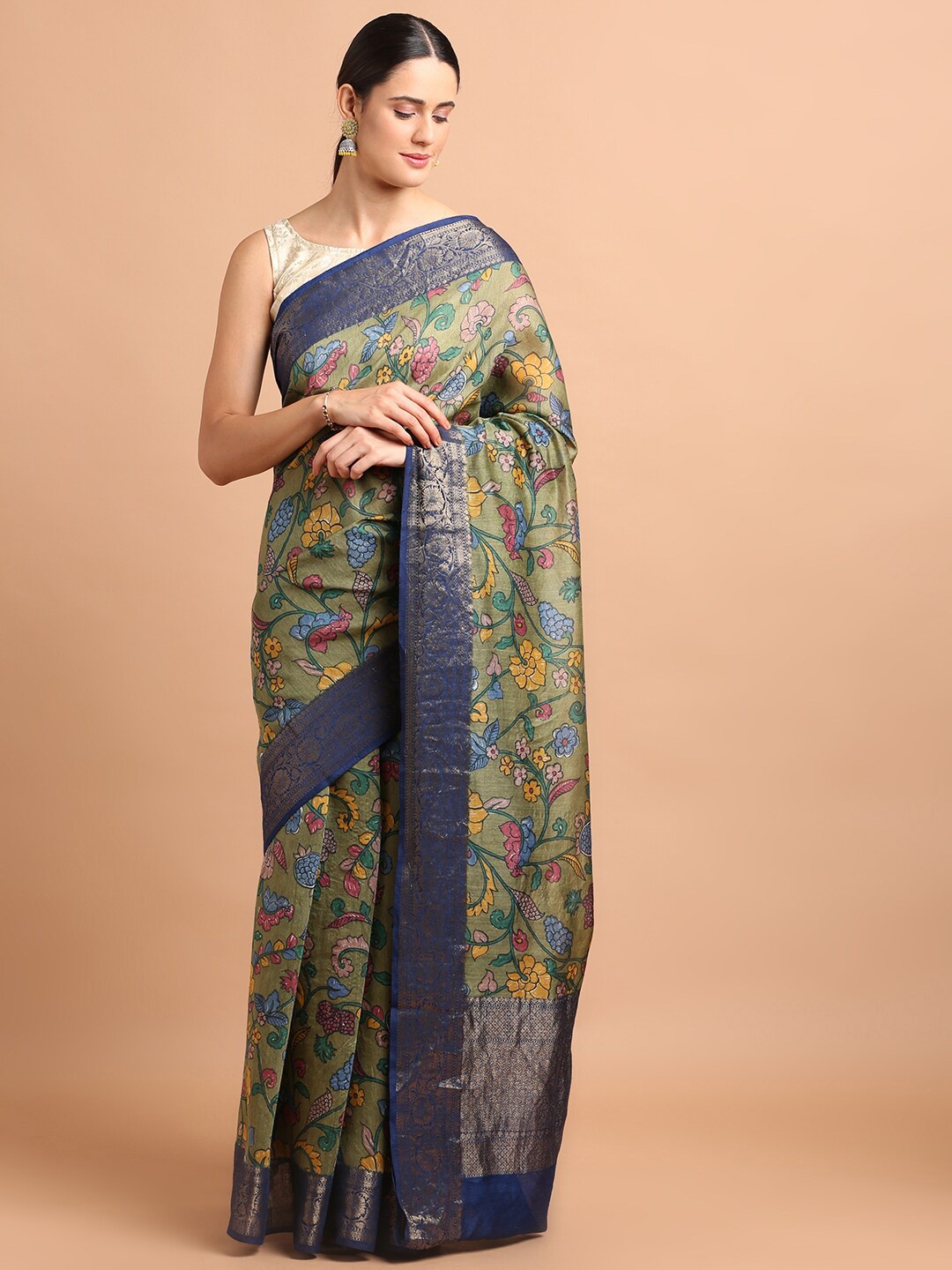 

Kalyan Silk Kalamkari Printed Zari Pure Silk Saree, Green
