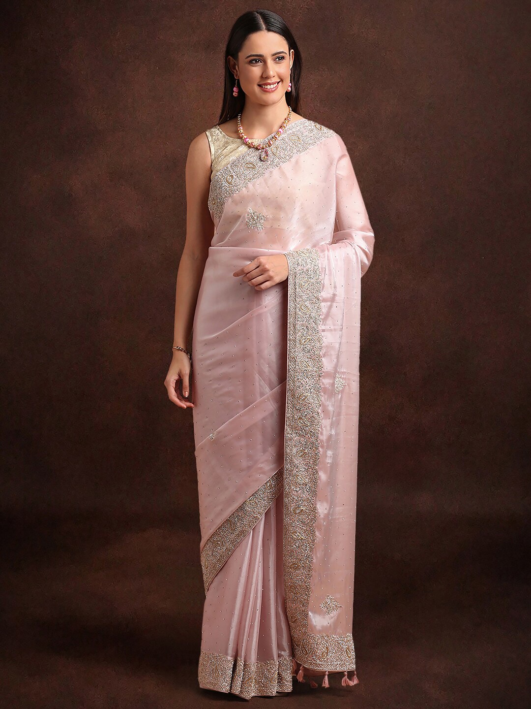 

Kalyan Silks Embellished Beads and Stones Organza Saree, Pink