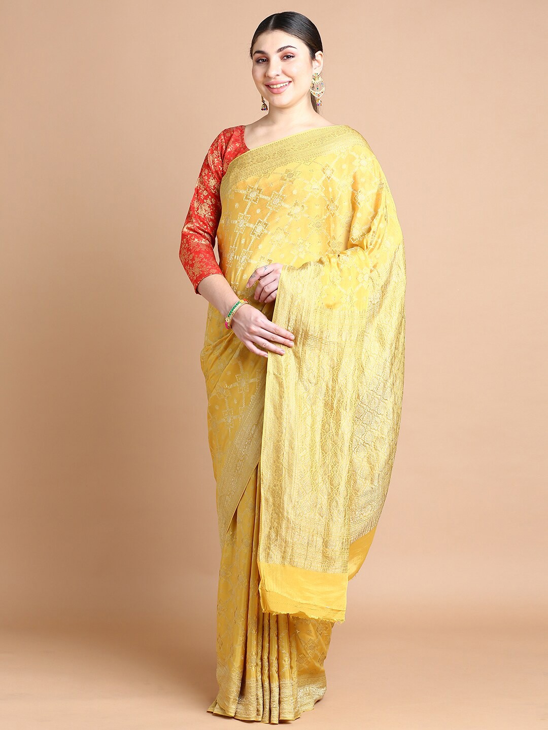 

Kalyan Silks Ethnic Motifs Woven Design Zari Pure Georgette Saree, Yellow