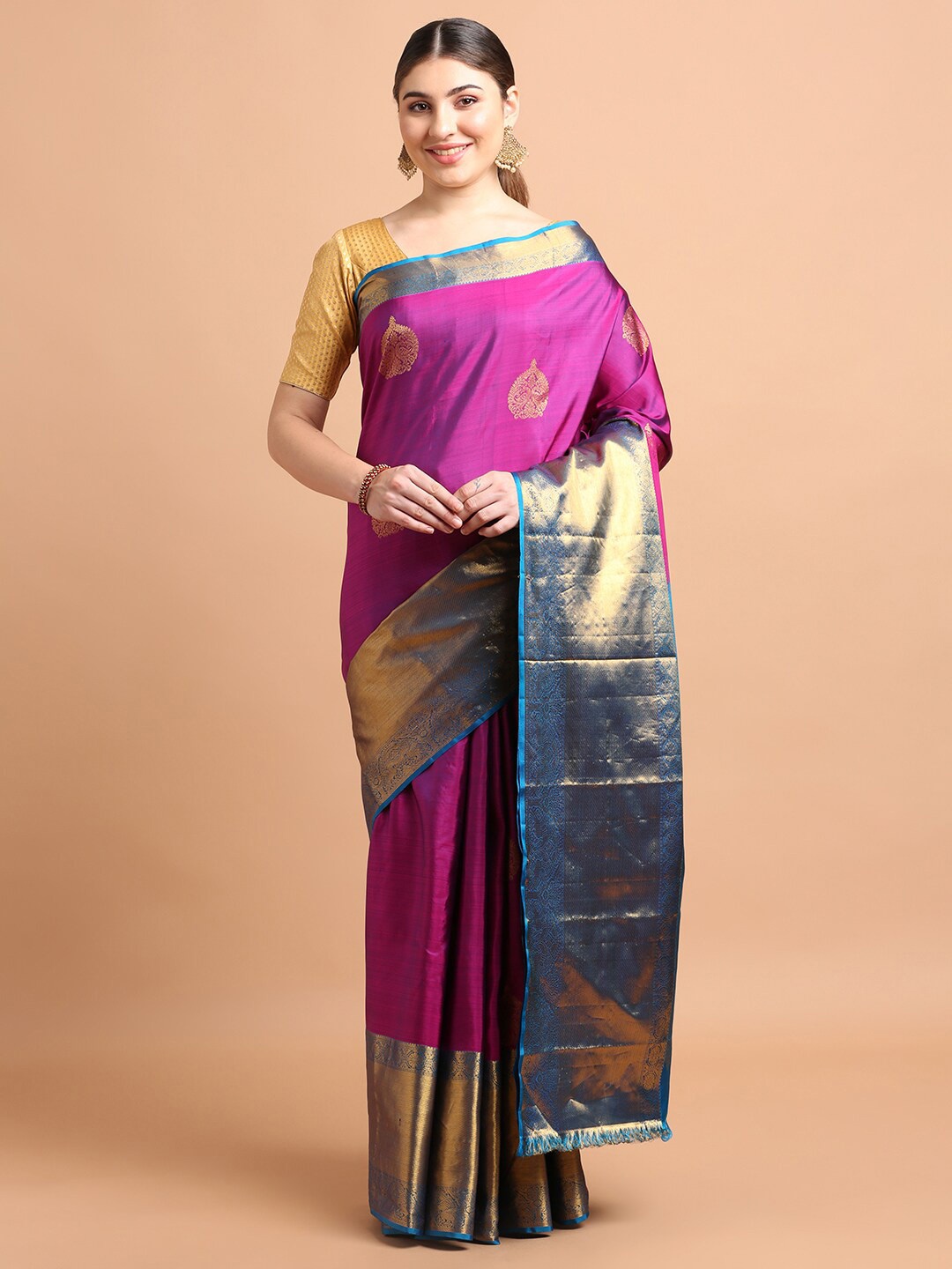 

Kalyan Silks Ethnic Motifs Woven Design Zari Pure Silk Kanjeevaram Saree, Purple