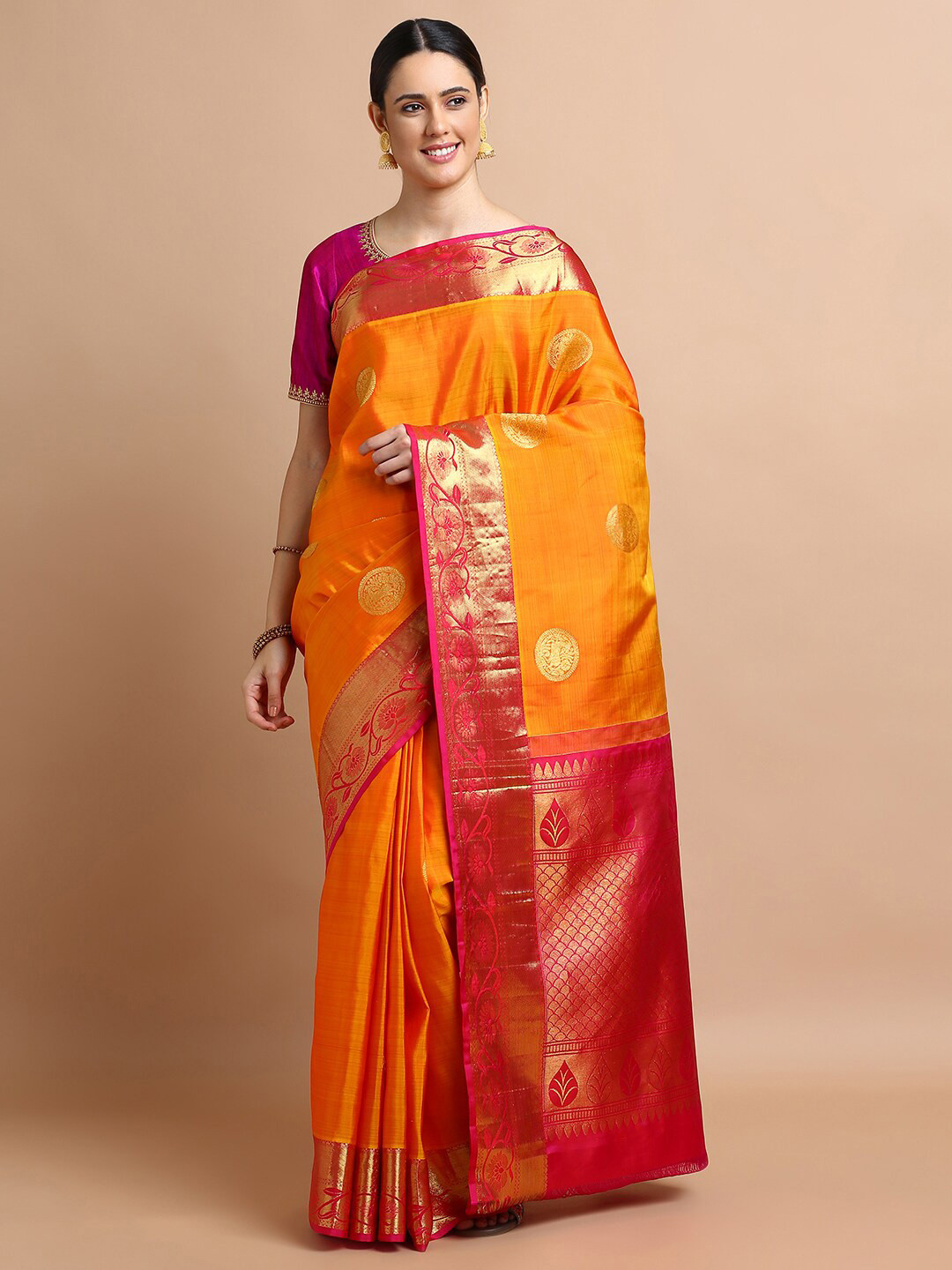

Kalyan Silks Ethnic Motifs Woven Design Zari Pure Silk Kanjeevaram Saree, Yellow