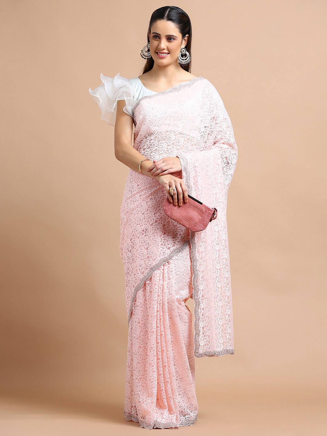 

Kalyan Silks Floral Woven Design Embroidered Net Saree, Peach