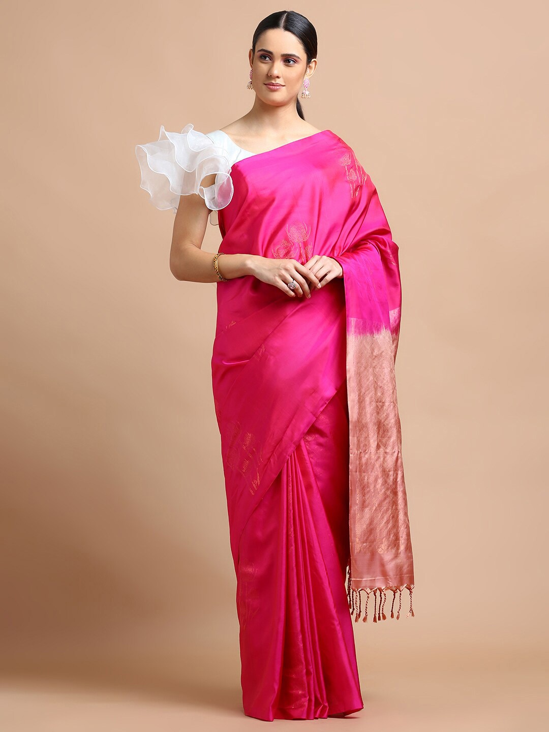 

Kalyan Silks Ethnic Motifs Woven Design Zari Pure Silk Kanjeevaram Saree, Pink