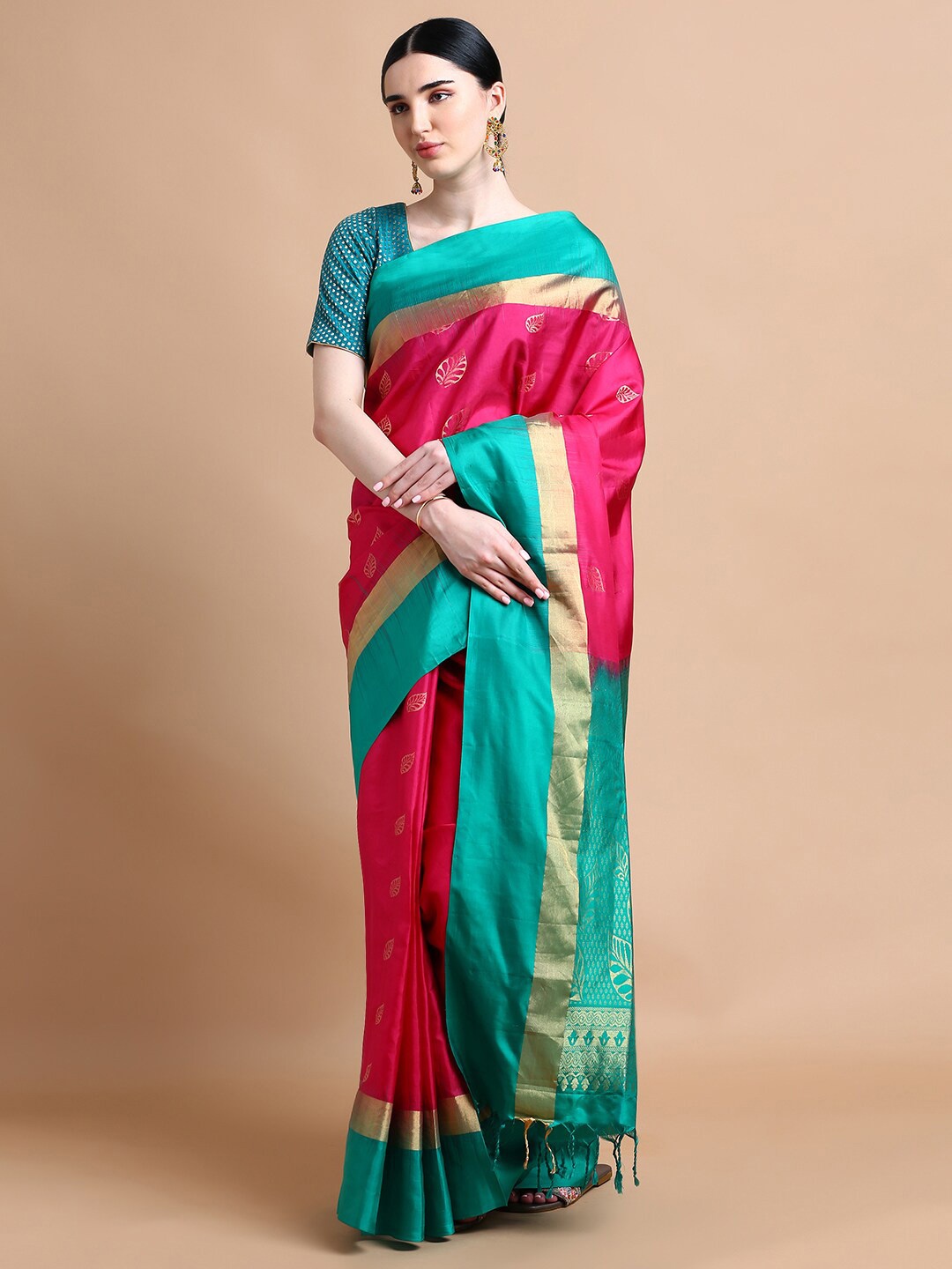 

Kalyan Silks Ethnic Motifs Woven Design Zari Pure Silk Kanjeevaram Saree, Pink