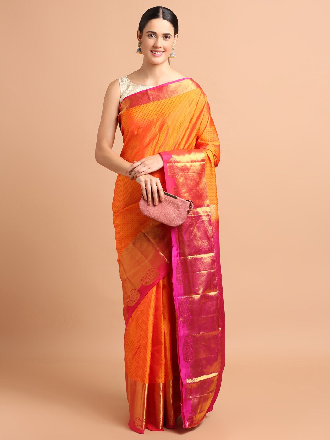 

Kalyan Silks Ethnic Motifs Woven Design Zari Pure Silk Kanjeevaram Saree, Orange