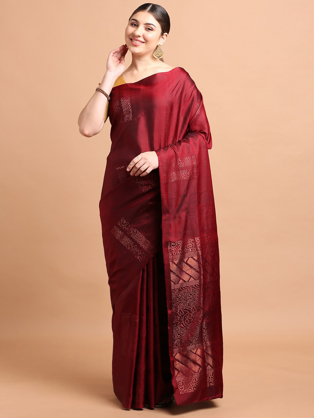 

Kalyan Silks Ethnic Motifs Woven Design Zari Pure Silk Kanjeevaram Saree, Maroon