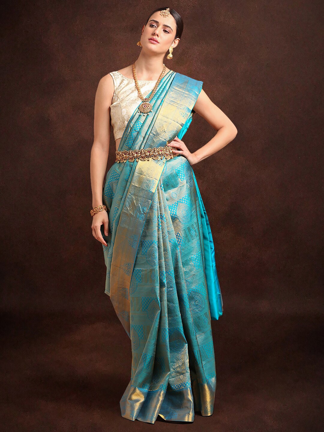 

Kalyan Silks Ethnic Motifs Woven Design Zari Pure Silk Kanjeevaram Saree, Blue