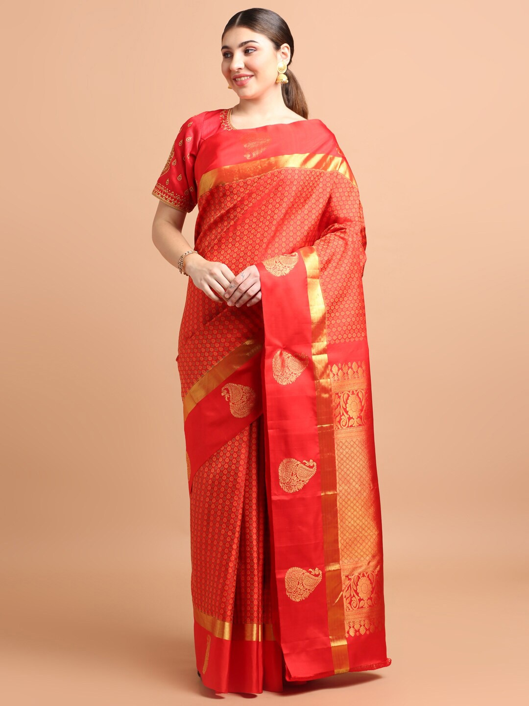 

Kalyan Silks Ethnic Motifs Woven Design Zari Pure Silk Kanjeevaram Saree, Red