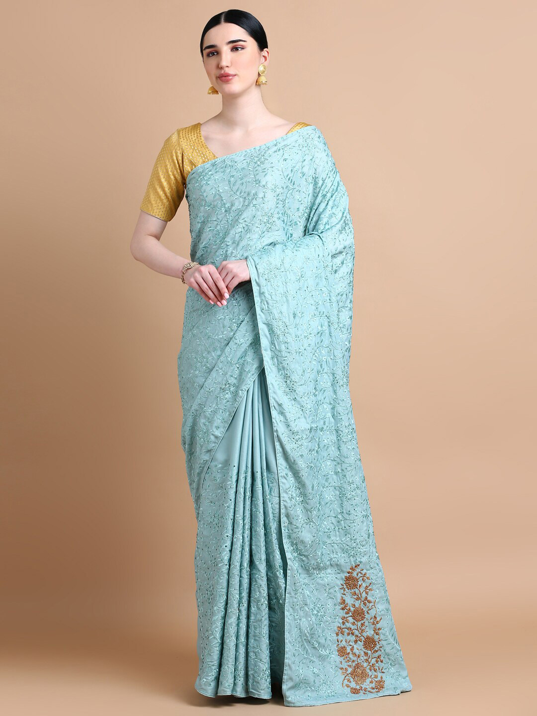 

Kalyan Silks Floral Embroidered Saree, Blue