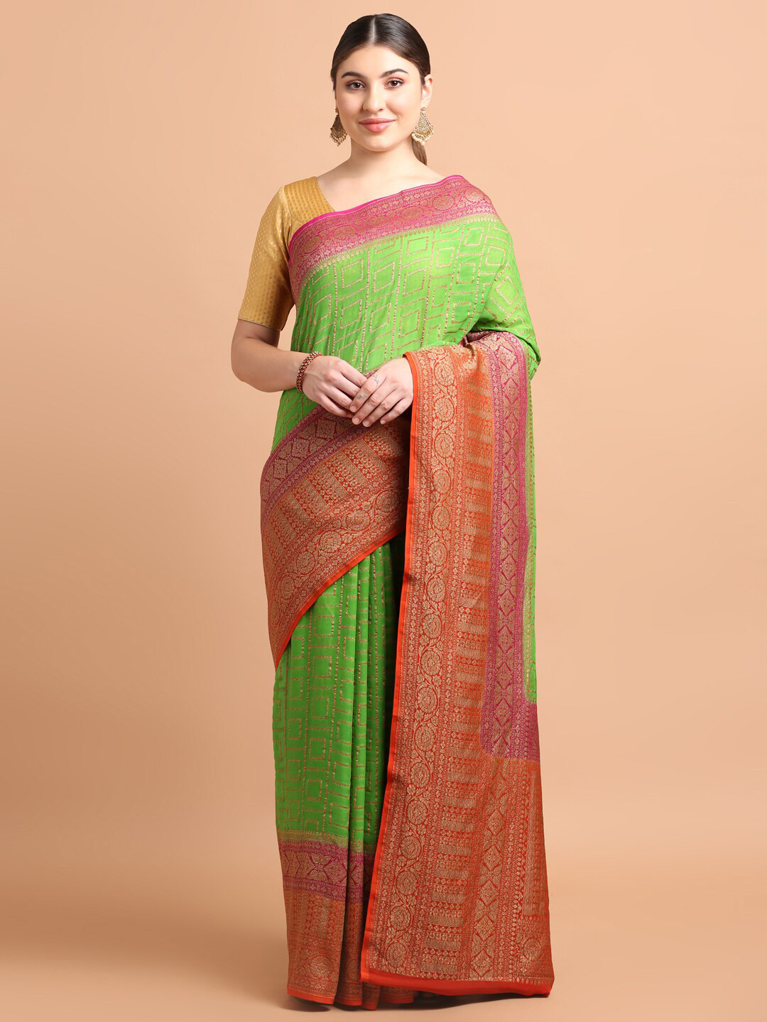 

Kalyan Silks Geometric Woven Design Zari Pure Silk Saree, Green