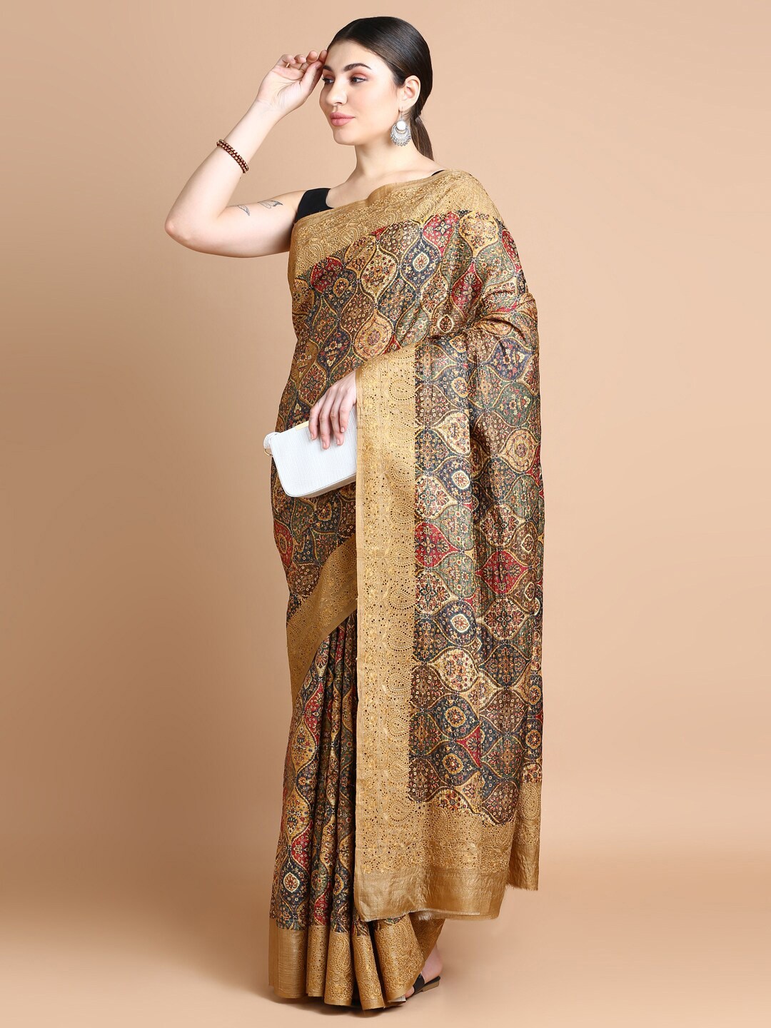 

KALINI Ethnic Motifs Printed Pure Silk Saree, Brown
