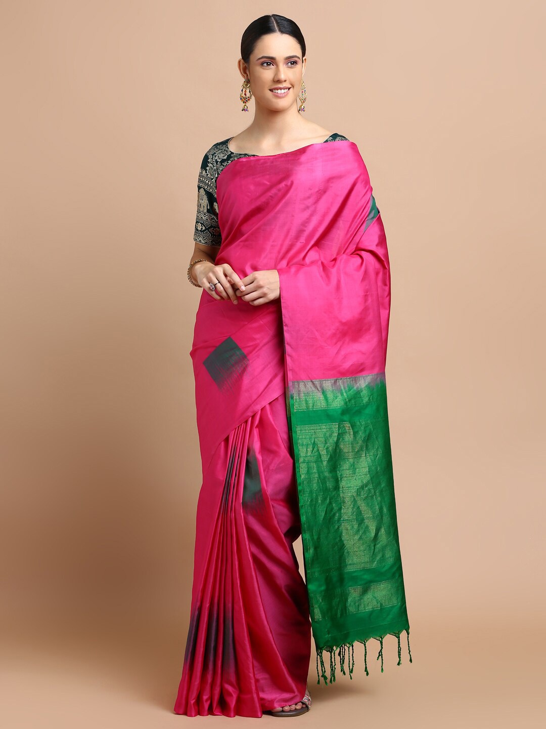

Kalyan Silks Geometric Woven Design Zari Detailed Pure Silk Kanjeevaram Saree, Pink