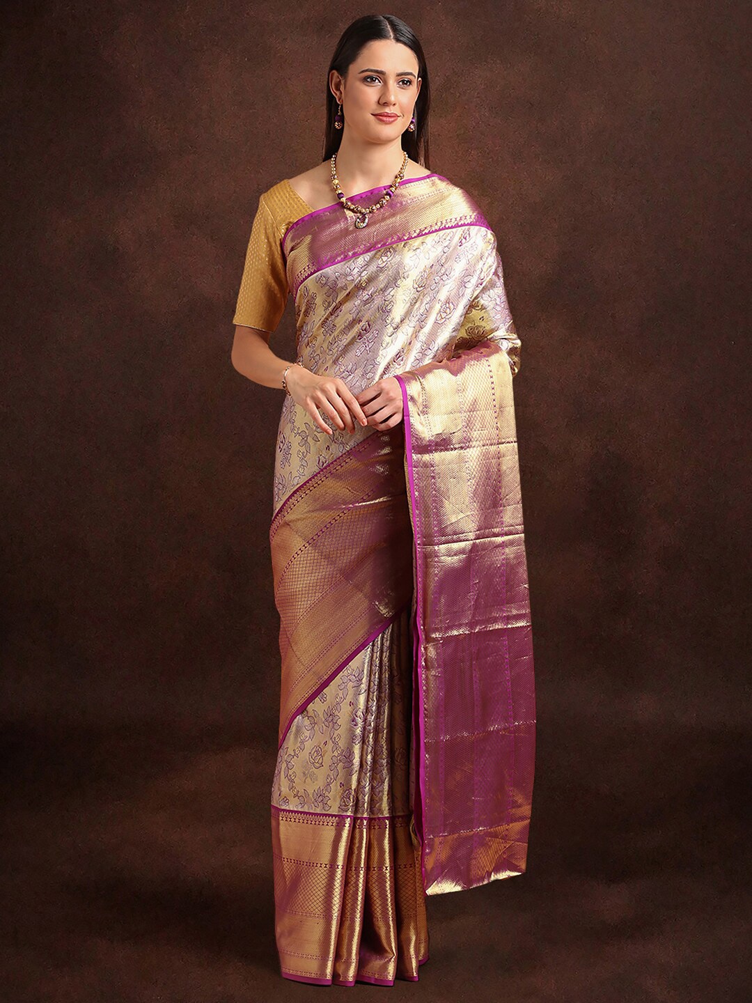 

Kalyan Silks Floral Woven Design Zari Detailed Pure Silk Kanjeevaram Saree, Purple