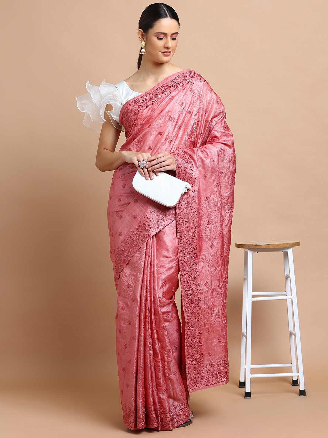 

Kalyan Silks Ethnic Motifs Embroidered Pure Silk Tussar Saree, Pink