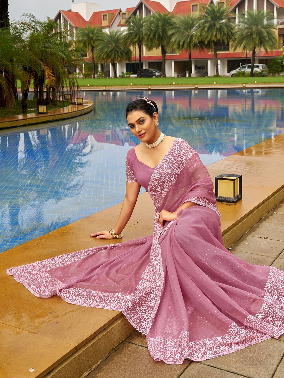 

Satrani Embellished Beads and Stones Saree, Peach