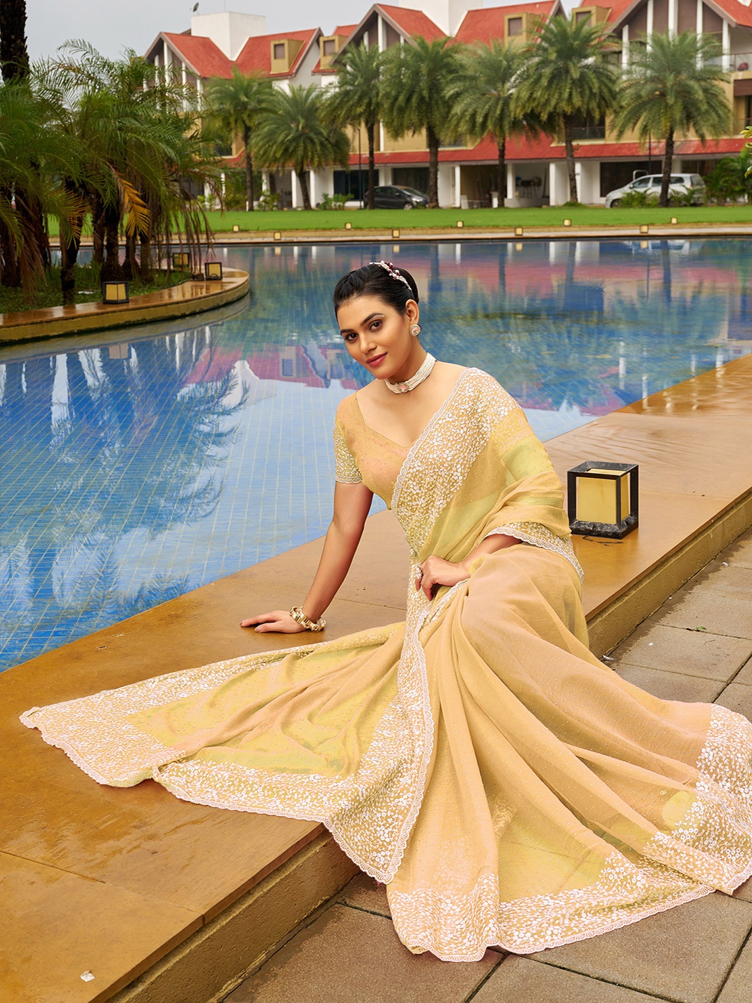 

Satrani Embellished Beads and Stones Saree, Yellow