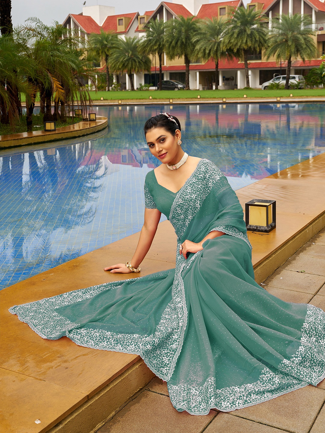 

Satrani Embellished Beads and Stones Saree, Green
