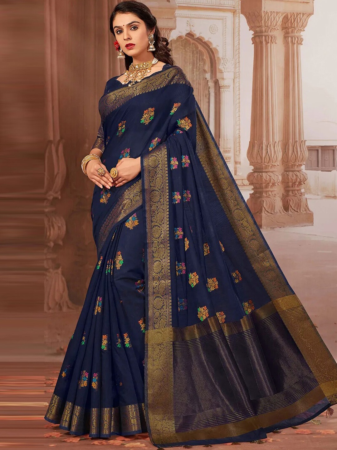 

Satrani Ethnic Motifs Woven Design Zari Saree, Navy blue