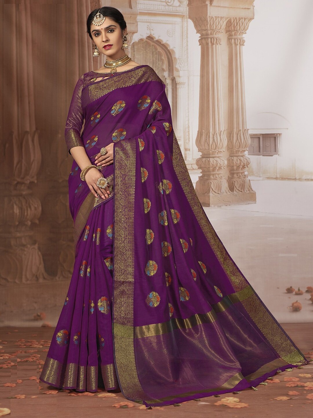 

Satrani Ethnic Motifs Woven Design Zari Saree, Purple