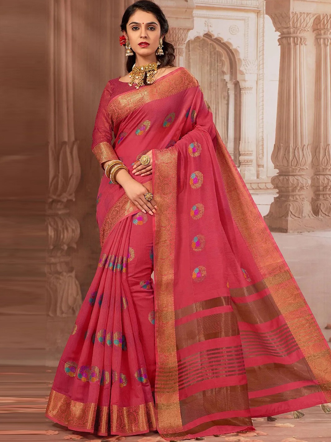 

Satrani Ethnic Motifs Woven Design Zari Saree, Pink