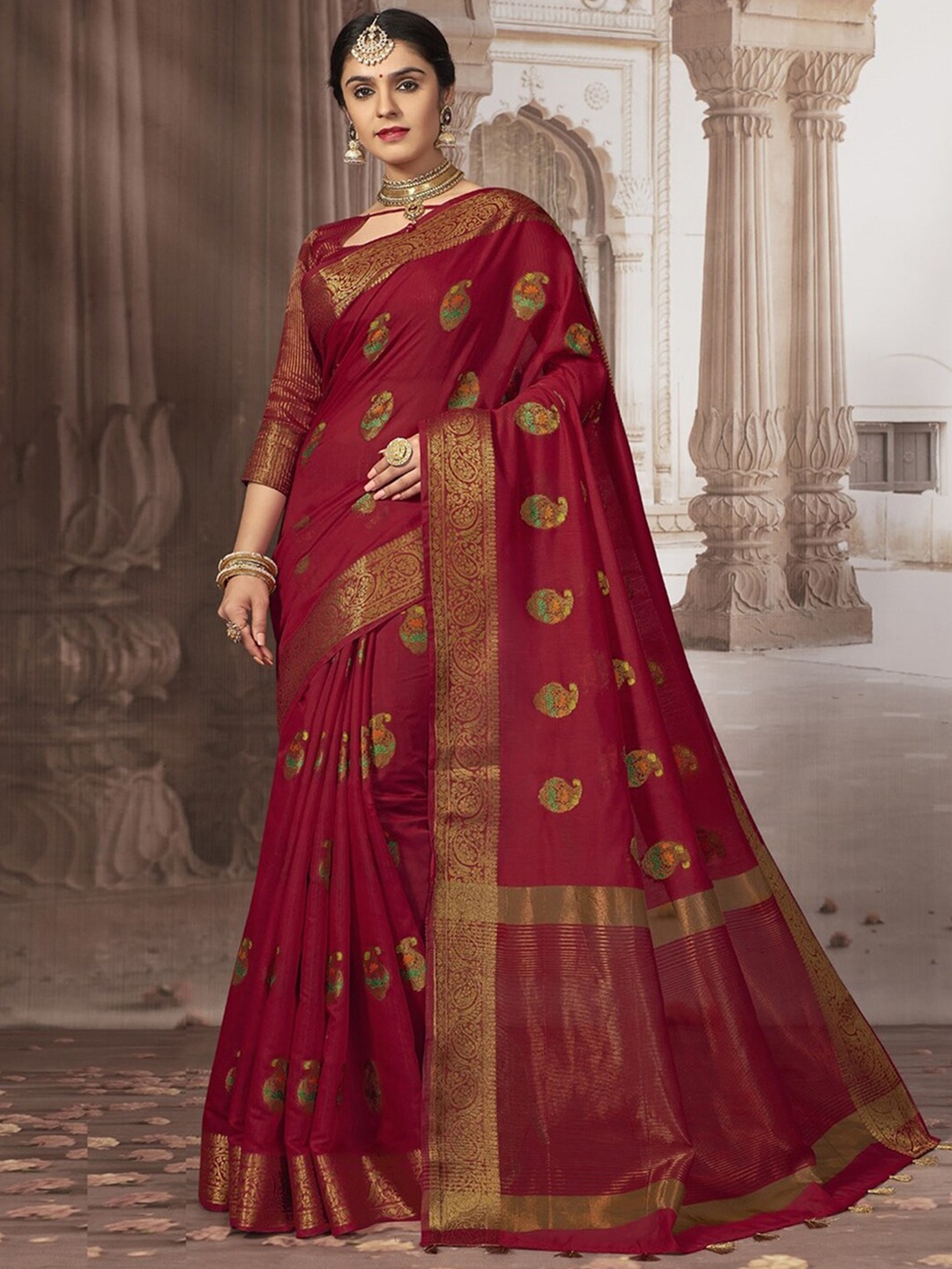 

Satrani Ethnic Motifs Woven Design Zari Saree, Red
