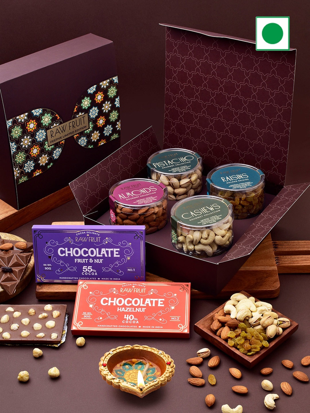 

RawFruit Diwali DryFruit and 2 Chocolate Bars, Purple