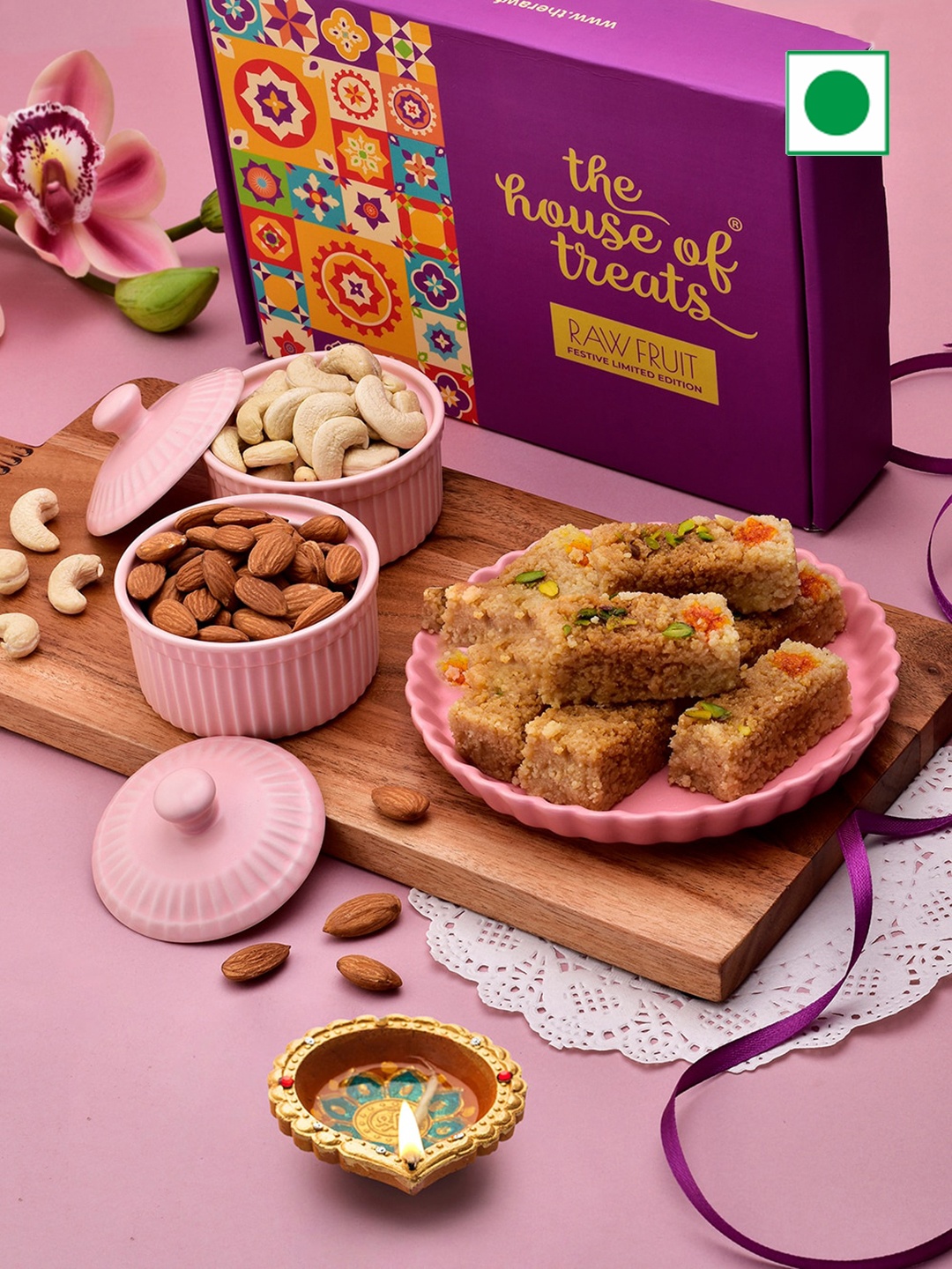 

RawFruit Milk Cake Sweets and Dryfruits Diwali Gifts Set, Purple