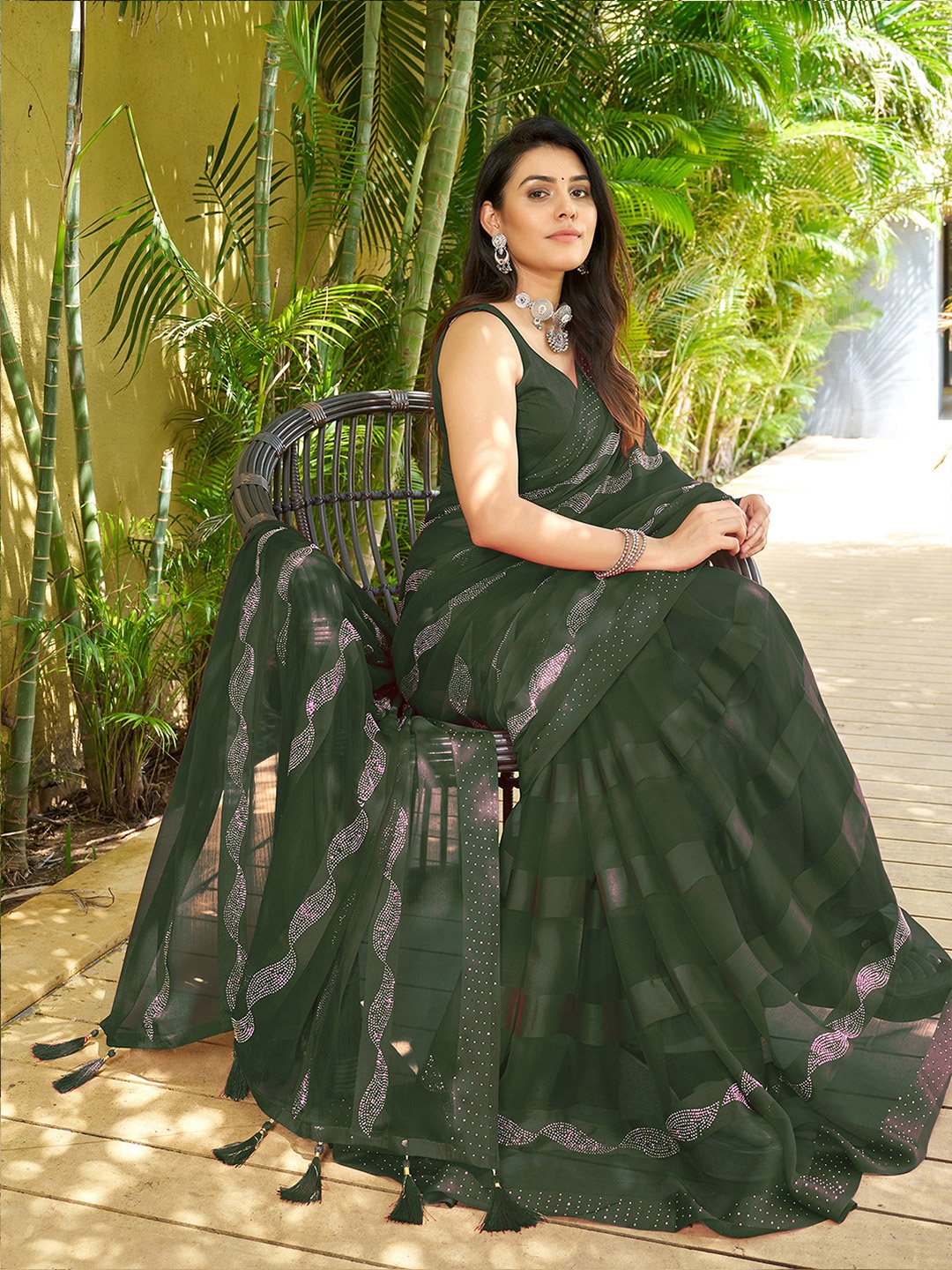 

Satrani Embellished Sequinned Saree, Olive